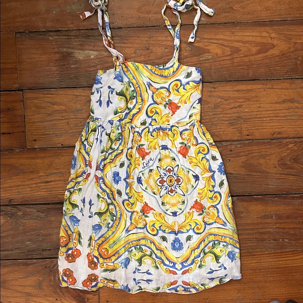Girls' Tie-Shoulder Floral Print Sundress in Yellow and Blue Linen